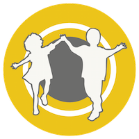 illustration of children holding hands in a logo with grey and yellow background