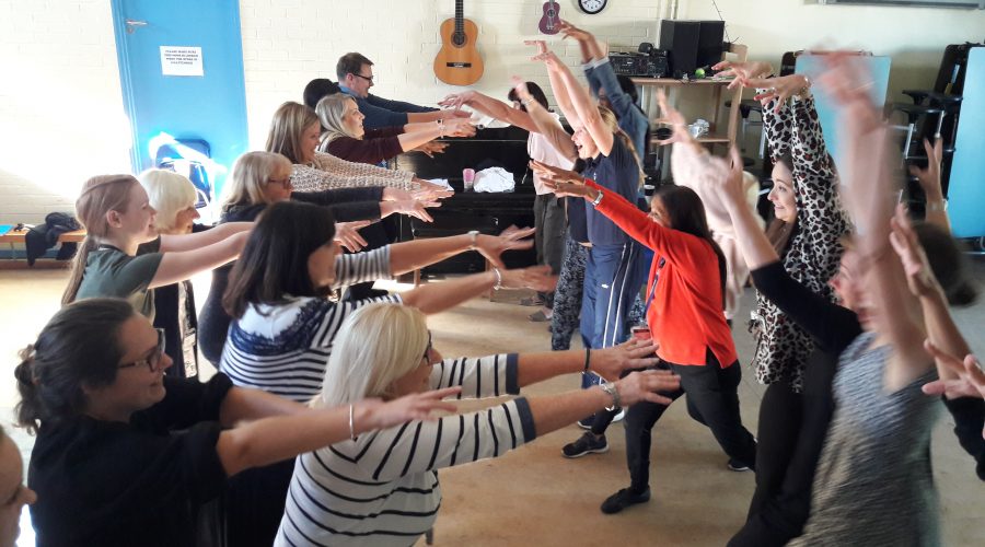 Two lines of staff facing each other waving their arms and laughing during a play skills for staff workshop